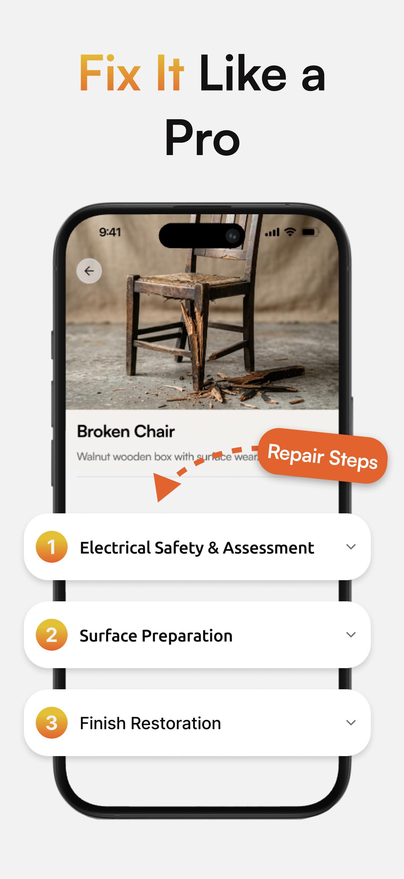 WoodMate repair guide with step-by-step instructions for a broken chair