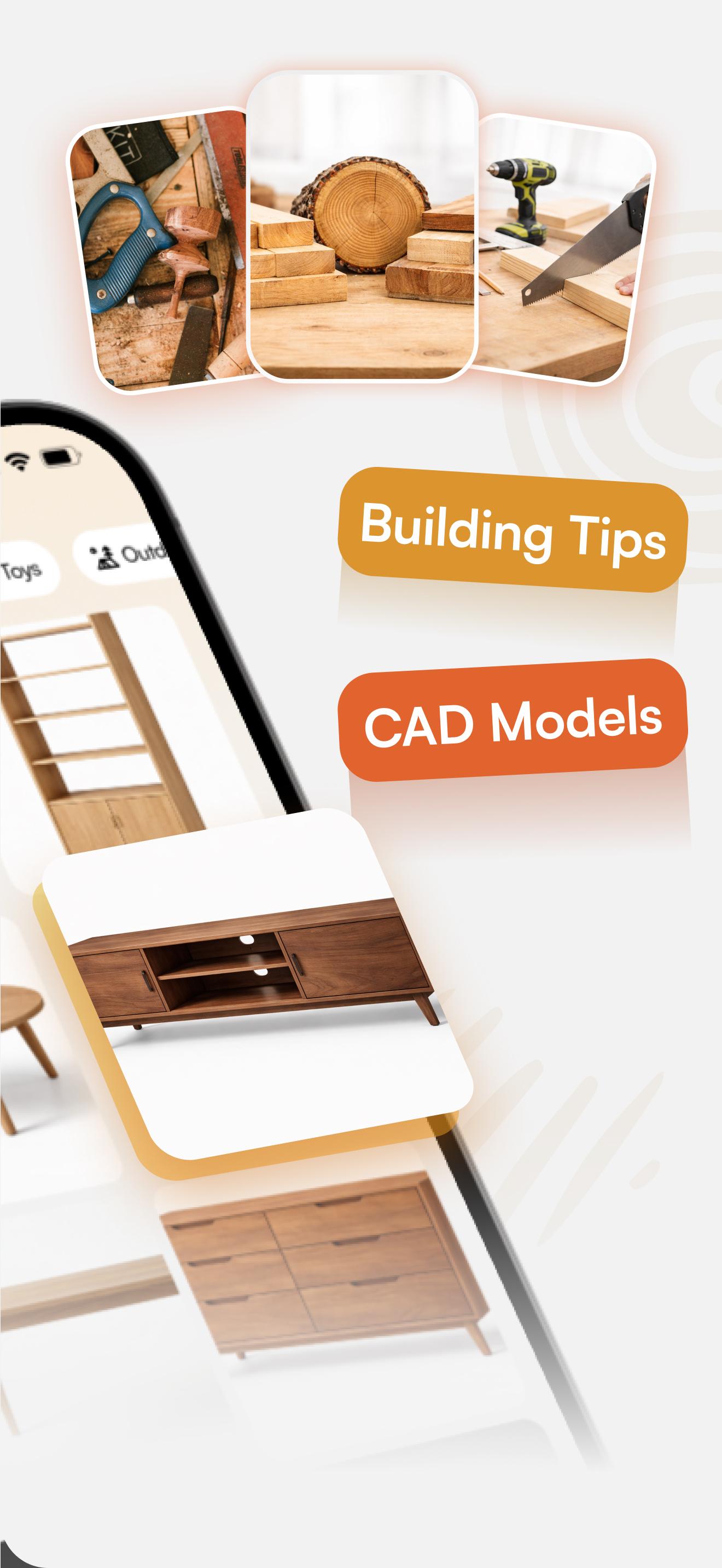 Curated woodworking projects library with building tips and CAD models